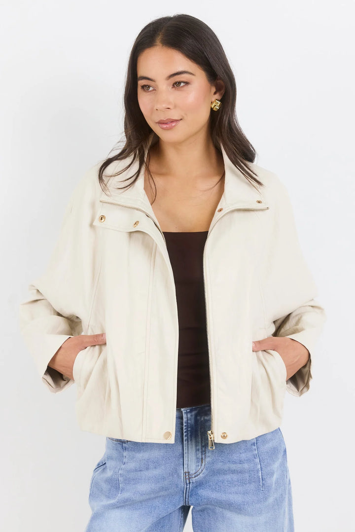 Stories Be Told Ensemble Putty Faux Leather Funnel Neck Bomber