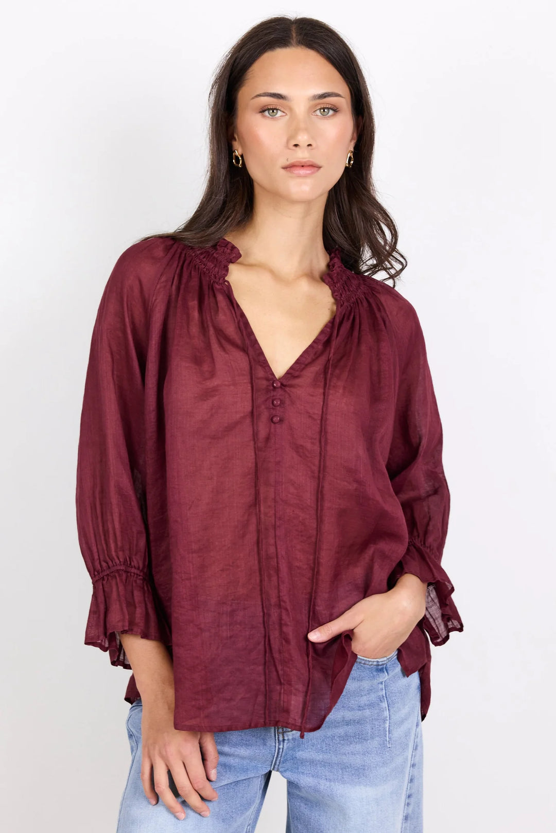 Expedition Burgundy Shirred Neck SS Top | Among The Brave