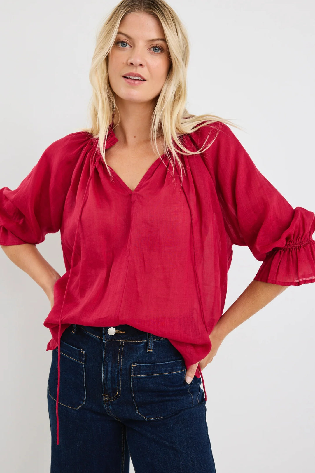 Expedition Raspberry Shirred Neck Short Sleeve Top