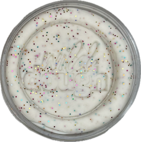 White cream with colorful sprinkles in a round container on a white background