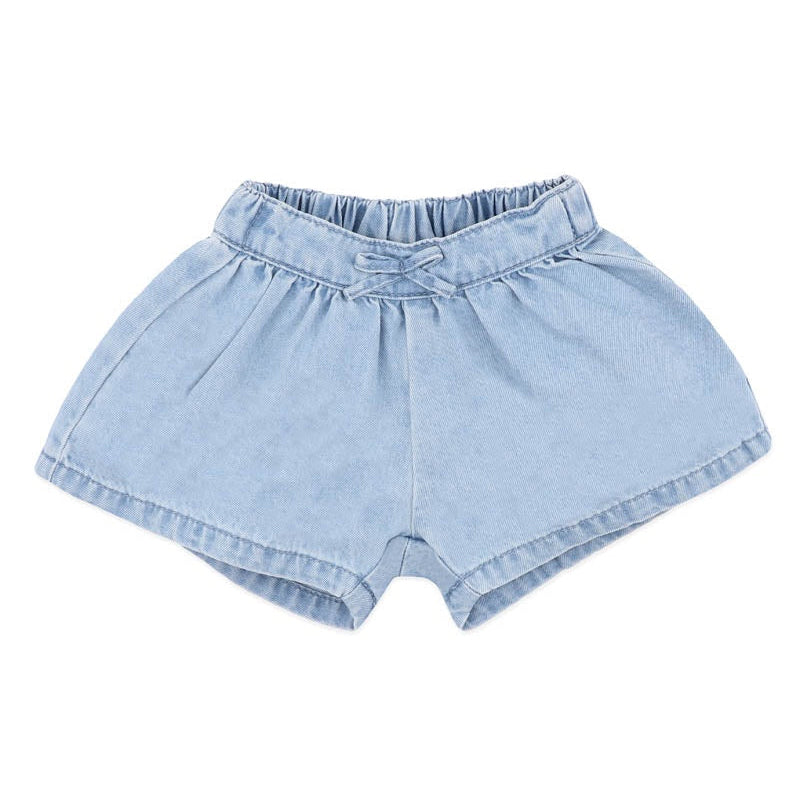 Light blue denim shorts on a white background