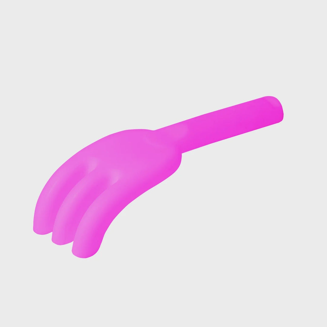 A bright pink silicone novelty hand-shaped item, possibly a glove or accessory, shown on a solid light gray background.