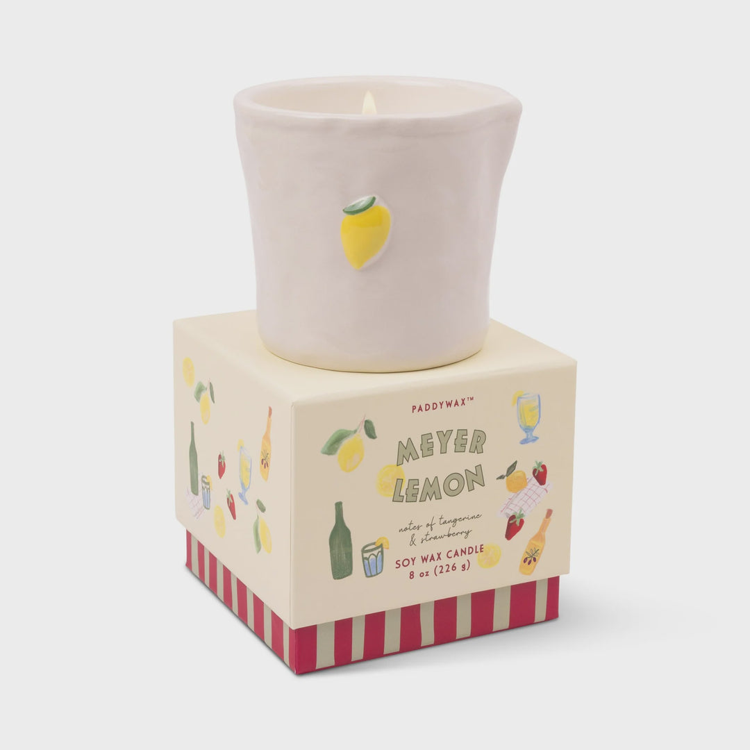 Meyer Lemon candle in a decorative box on a white background