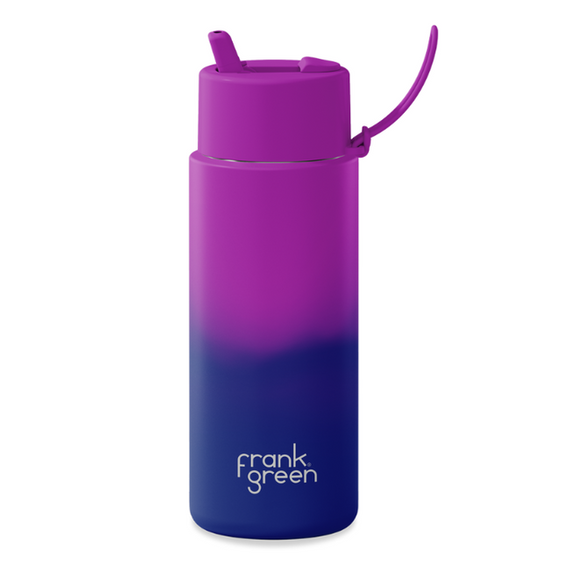 Purple and blue water bottle with a straw lid on a white background