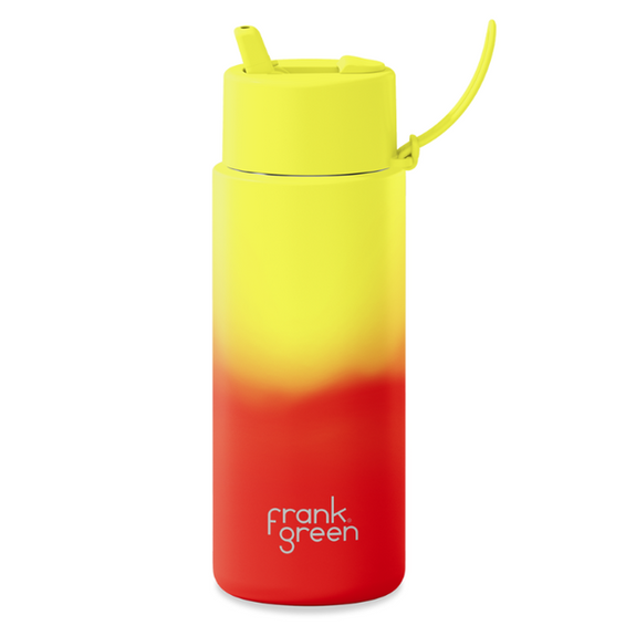 Gradient yellow to red water bottle with 'frank green' branding on a white background