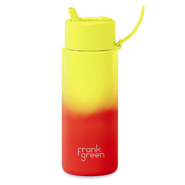 Gradient yellow to red water bottle with 'frank green' branding on a white background