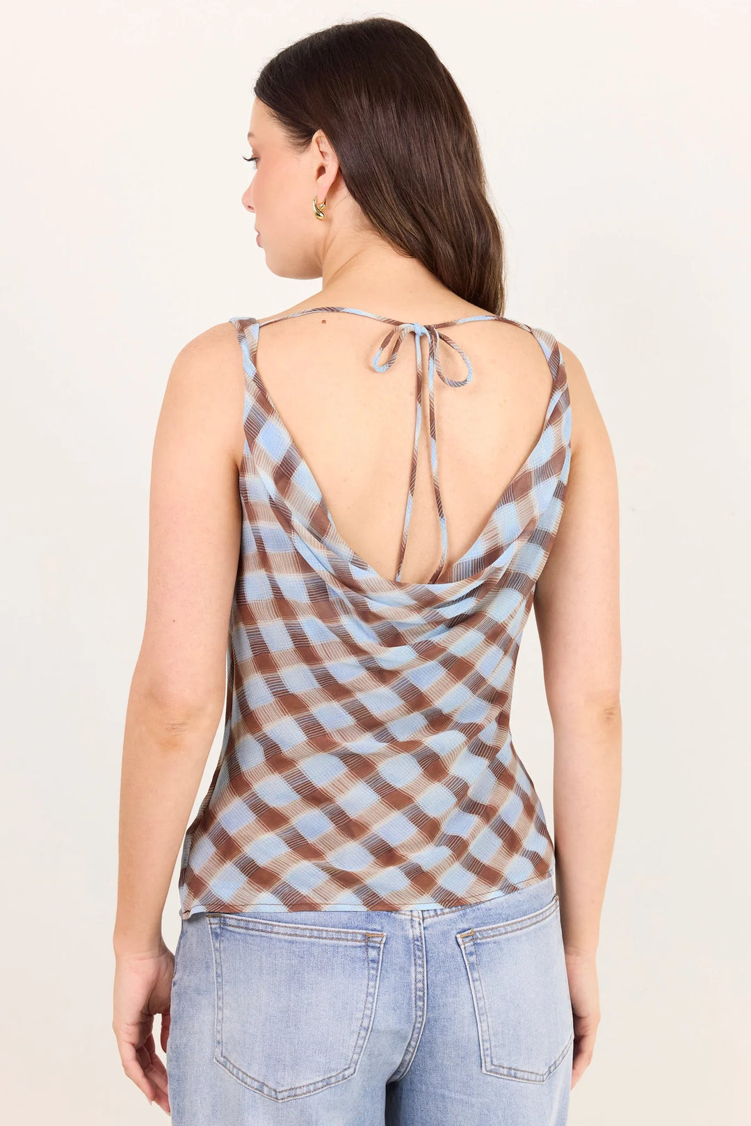 Fruitful Chocolate Ice Blue Check Georgette Tie Back Bias Slip Top
