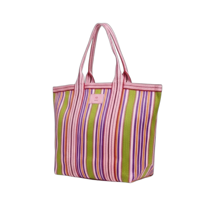 Striped tote bag with pink handle on a white background