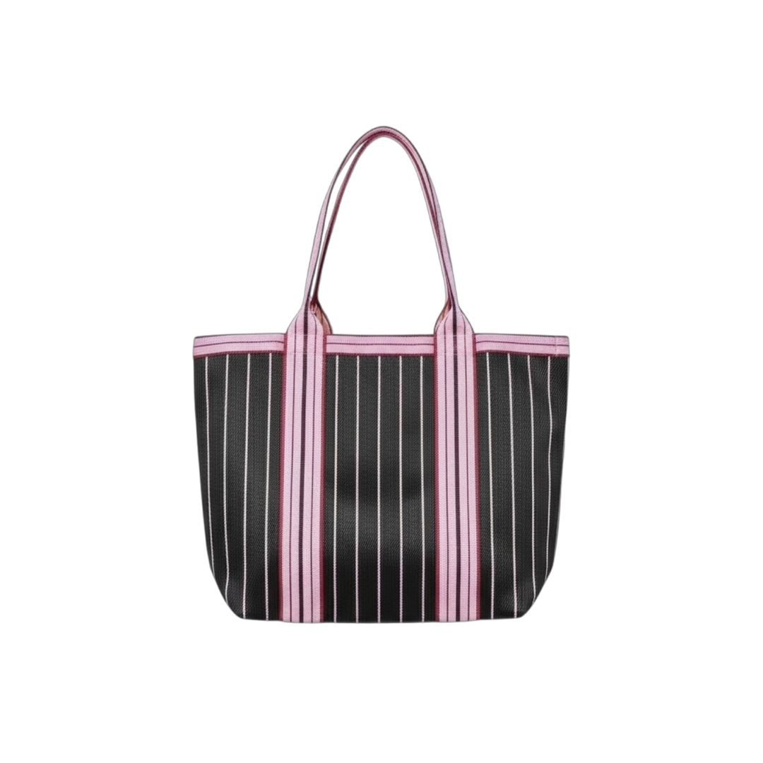 Black and pink striped tote bag on a white background