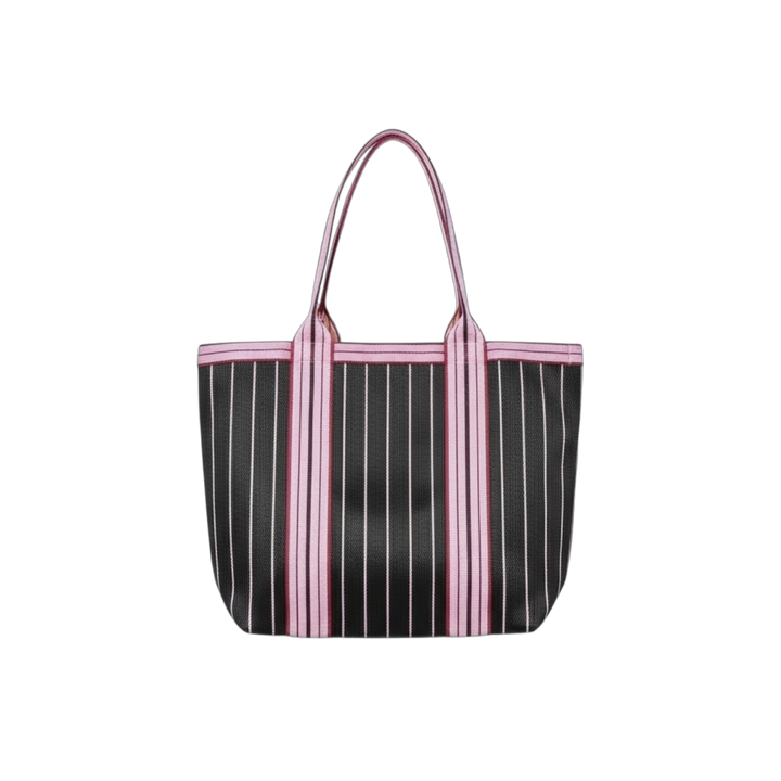 Black and pink striped tote bag on a white background