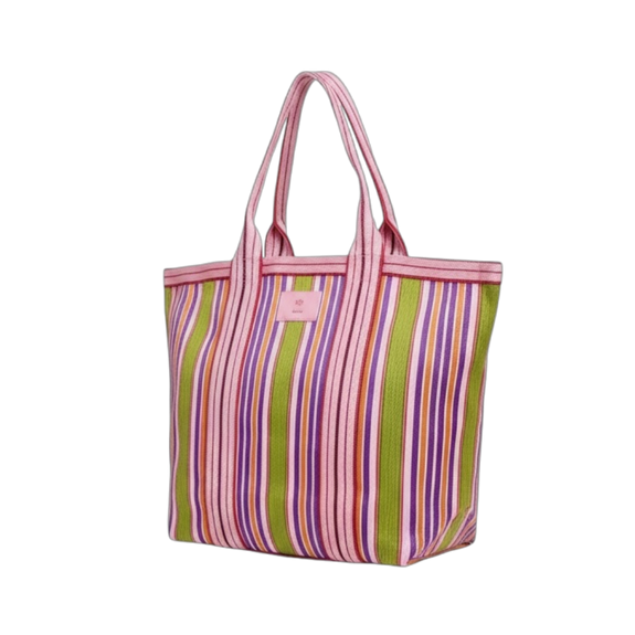 Striped tote bag with pink handle on a white background
