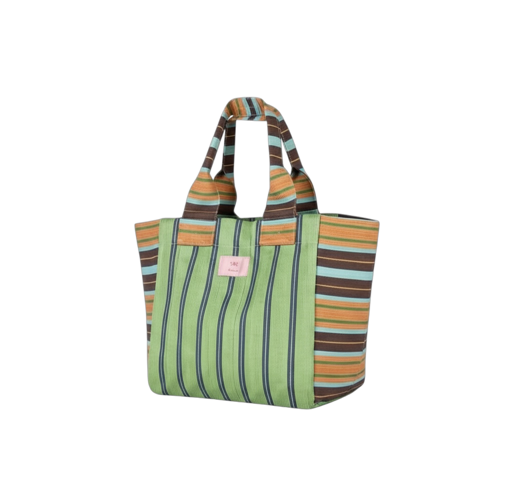 Striped tote bag with a visible brand logo on a white background