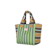 Striped tote bag with a visible brand logo on a white background