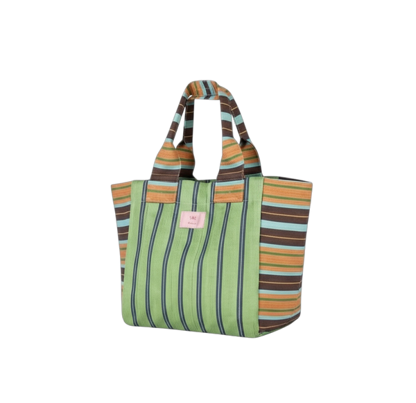 Striped tote bag with a visible brand logo on a white background