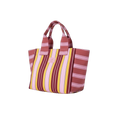 Striped tote bag with red, pink, and yellow pattern on a white background