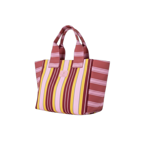 Striped tote bag with red, pink, and yellow pattern on a white background