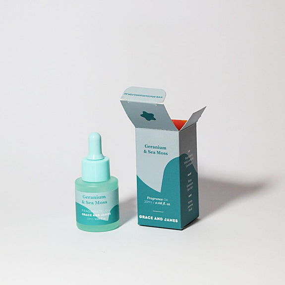 Grace and James perfume bottle and packaging on a light gray background