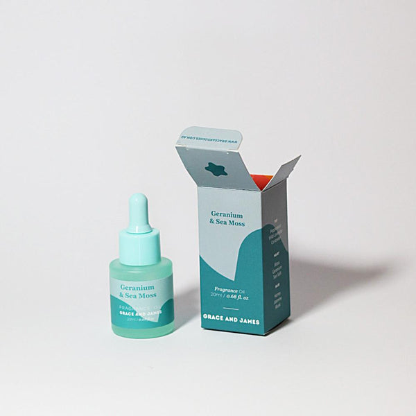 Grace and James perfume bottle and packaging on a light gray background