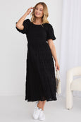 Graceful Bubble Sleeve Tiered Maxi Dress / Black