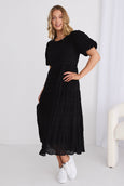 Graceful Bubble Sleeve Tiered Maxi Dress / Black