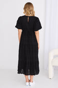 Graceful Bubble Sleeve Tiered Maxi Dress / Black