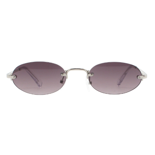 Oval rimless sunglasses with a thin silver metal frame and gradient gray-purple lenses, shown against a plain white background.