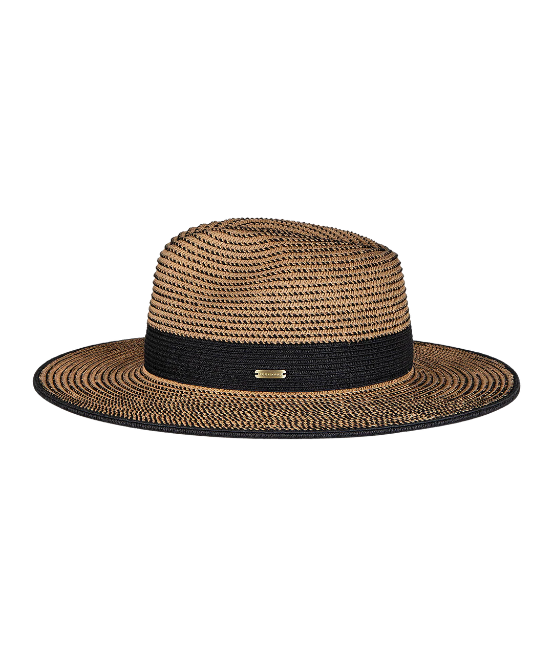 Brown straw hat with a black band on a white background