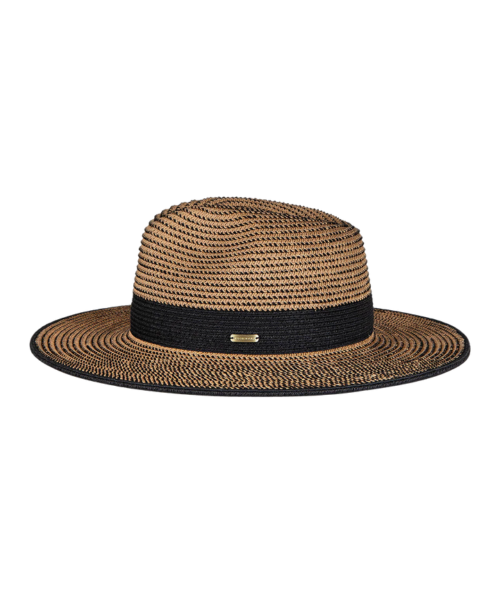 Brown straw hat with a black band on a white background