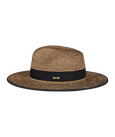 Brown straw hat with a black band on a white background