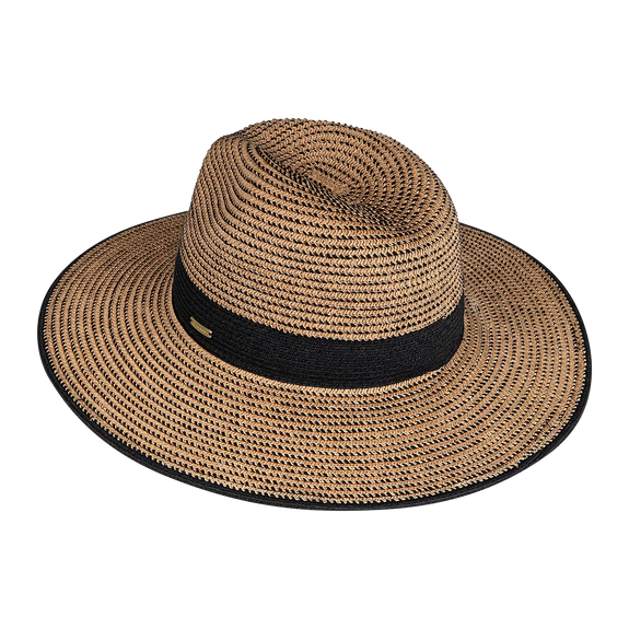 Brown straw hat with a black band on a white background