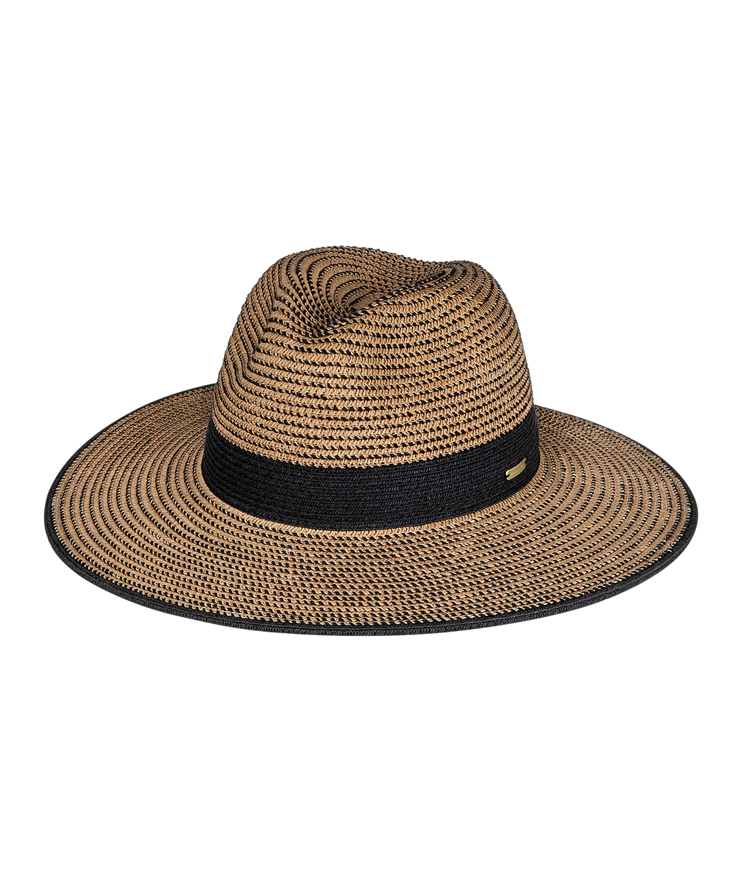 Brown straw hat with a black band on a white background