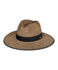 Brown straw hat with a black band on a white background