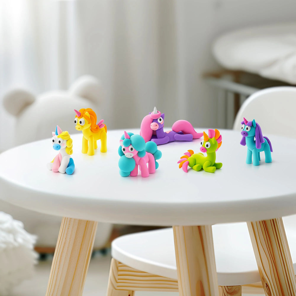 Colorful unicorn figurines on a white table with a blurred background