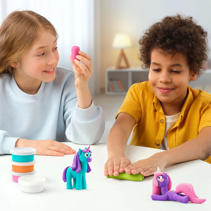 Two children playing with colorful play dough toys on a table.