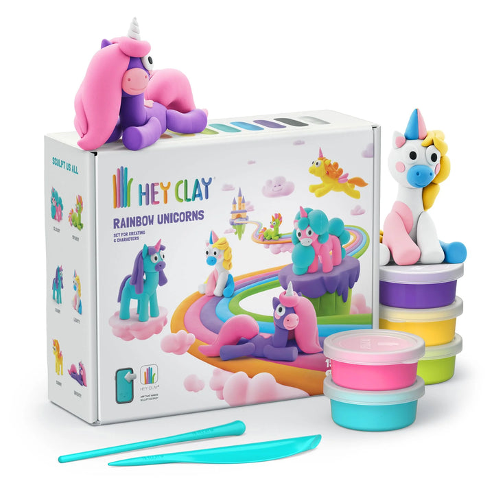 Hey Clay Rainbow Unicorns playset with packaging, toys, and tools on a white background
