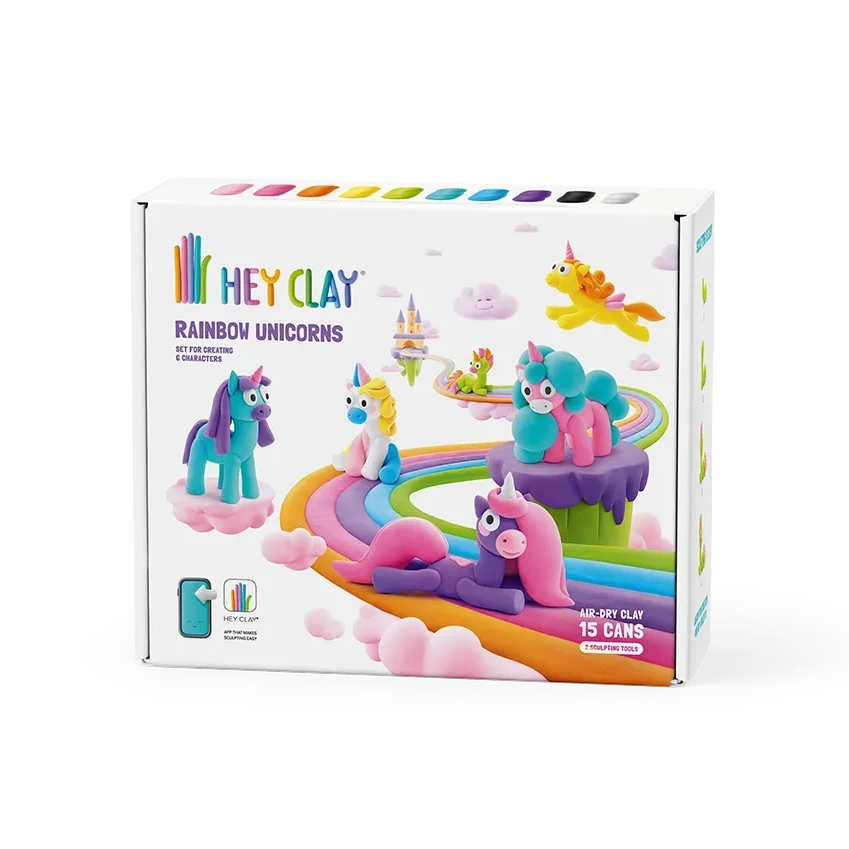 Hey Clay Rainbow Unicorns clay kit packaging on a white background