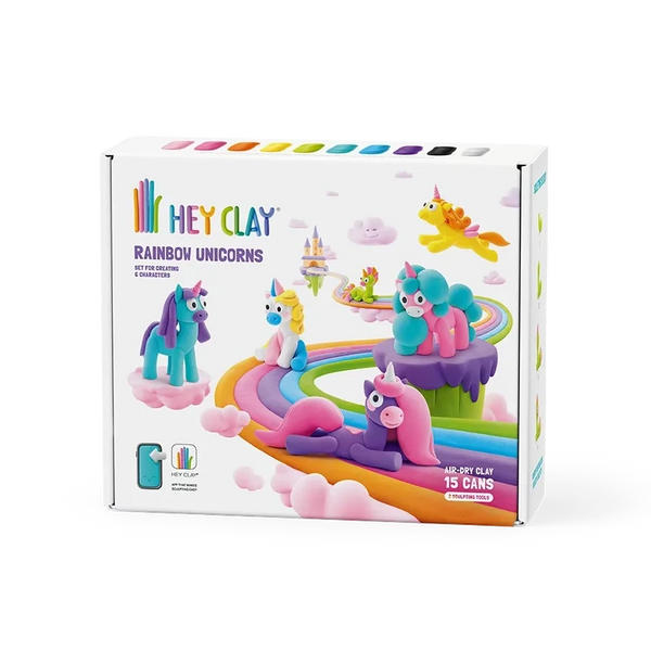 Hey Clay Rainbow Unicorns clay kit packaging on a white background