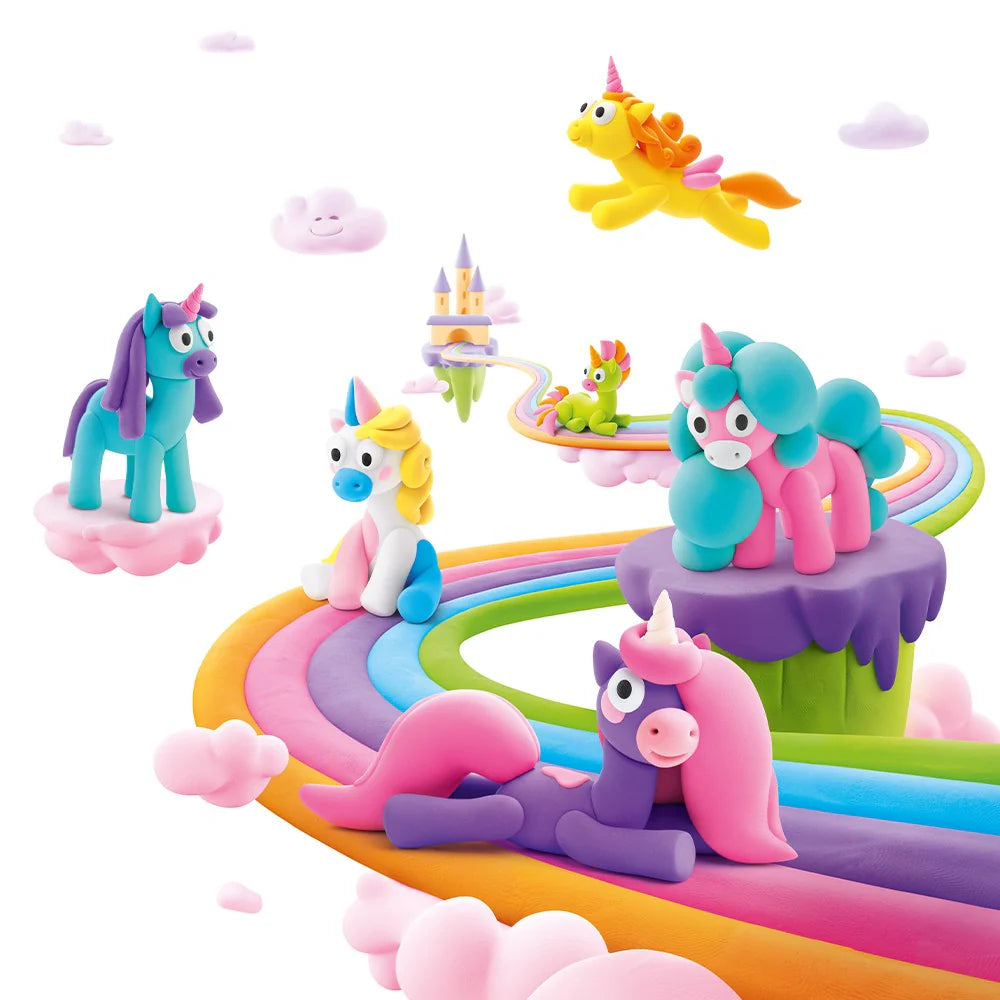 Colorful unicorn figurines on a rainbow path with a castle in the background