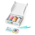 Box of colorful clay strips with a tool on a white background