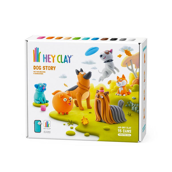 HEY CLAY Dog Story clay modeling kit packaging with colorful clay figures on a white background