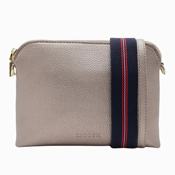 Our Hudson Cross Body Bag combines style and function with two removable straps: a classic PU strap with gold chain and a playful striped webbing strap. Available from www.thecollectivenz.com