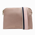 Our Hudson Cross Body Bag combines style and function with two removable straps: a classic PU strap with gold chain and a playful striped webbing strap. Available from www.thecollectivenz.com