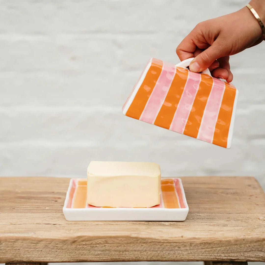 Large Butter Dish - Pink & Orange Stripe