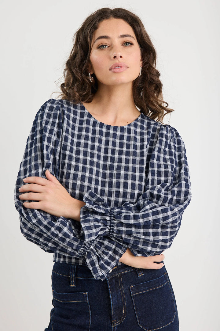 Imagine Ink Check Shirred Back Panel LS Top