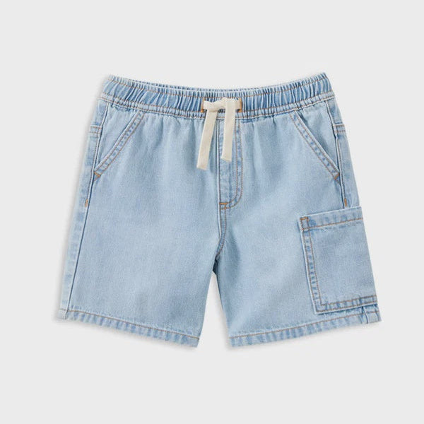 Light blue denim shorts for kids, featuring an elastic waistband with a cream-colored drawstring and a side cargo pocket, shown against a plain white background.