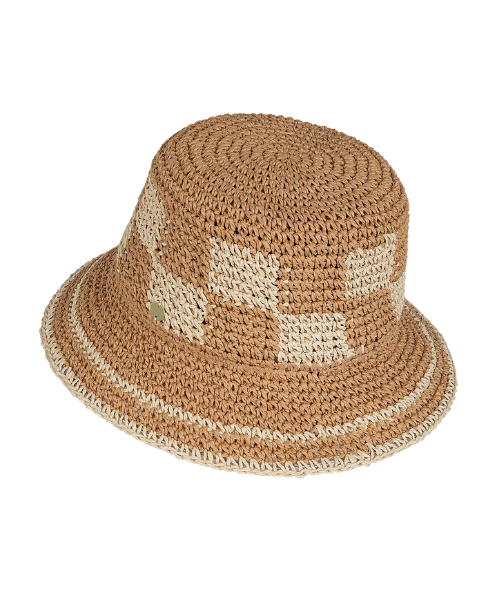 Brown woven bucket hat with a pattern on a white background