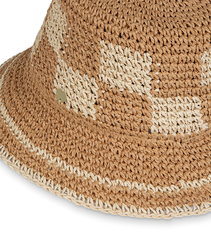 Brown woven bucket hat with white accents on a white background