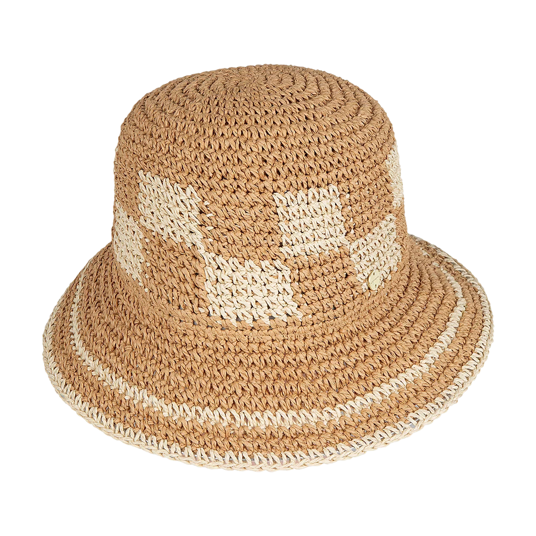 Beige woven bucket hat with a geometric pattern on a white background