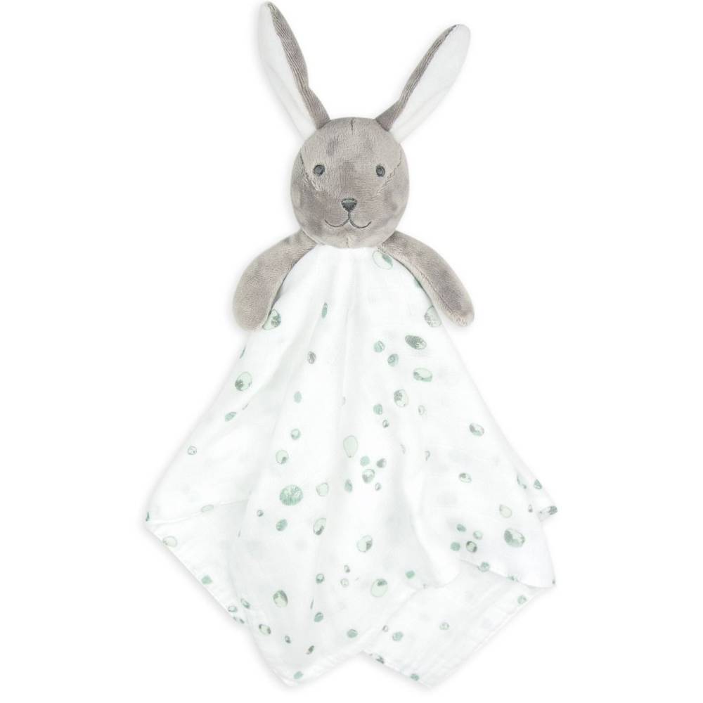Gray bunny plush toy with a white blanket featuring green polka dots on a white background