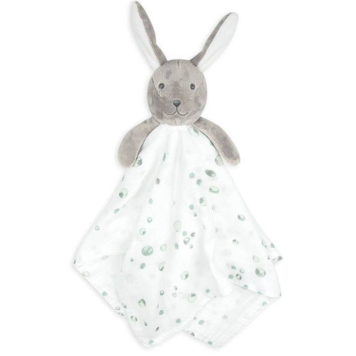 Gray bunny plush toy with a white blanket featuring green polka dots on a white background
